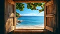 Serene view of a sunny coastline through an open rustic wooden window Royalty Free Stock Photo