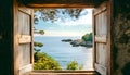 Serene view of a sunny coastline through an open rustic wooden window Royalty Free Stock Photo