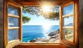 Serene view of a sunny coastline through an open rustic wooden window Royalty Free Stock Photo