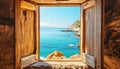 Serene view of a sunny coastline through an open rustic wooden window Royalty Free Stock Photo