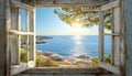 Serene view of a sunny coastline through an open rustic wooden window Royalty Free Stock Photo