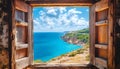 Serene view of a sunny coastline through an open rustic wooden window Royalty Free Stock Photo