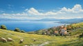 Serene Greek Island Landscape: Realistic Oil Painting Of Antique Farming Village