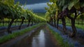 Serene Vineyard Row After Rainstorm with Lush Grapevines and Lavender Royalty Free Stock Photo