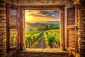 Serene vineyard vista framed by rustic window shutters at golden hour. Generative AI Royalty Free Stock Photo