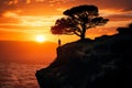 Serene vista, Man on cliff, silhouetted trees under sunsets glow