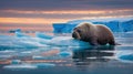 Majestic Walrus Resting on Iceberg at Sunset in Arctic Environment Royalty Free Stock Photo