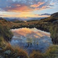 A serene water basin reflecting the sunset at the summit, bordered by wild grasses and a calm sky