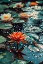 Serene Water Lilies on a Peaceful Pond with Sparkling Water Droplets and a Small Frog Perched on a Lily Pad Royalty Free Stock Photo