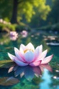 Serene water lily reflection in a tranquil pond setting, illuminated by soft sunlight. Generative AI Royalty Free Stock Photo