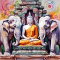 Serene Watercolor Buddha and Elephant Composition Religious Temple Artwork Royalty Free Stock Photo