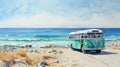 Serene Watercolor Bus Painting By The Ocean