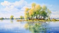 Dnieper River Islet With Willow Trees Watercolor Painting Landscape