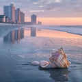 A serene watercolor of dawn breaking over Myrtle Beach, seashells in the foreground whispering coastal tales