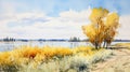 Serene Watercolor Landscape: Butte By The Dnieper River