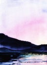 Serene watercolor landscape. Calm water and dark outlines of majesctic mountains against shining sunset sky of gradient