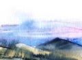Serene watercolor landscape of endless mountain ranges. Dark blurry silhouettes against background of tender blue sky. Hand drawn