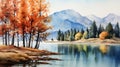 Serene Watercolor Landscape: Knoll, Trees, Lake, Mountains In November