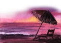 Serene watercolor landscape of lilac and crimson sunset at empty shore and dark blurry silhouettes of sunbed and palm beach