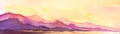 Serene watercolor landscape of mountains on beige background. Gradient layers of mountain chain against sunset tender yellow sky.