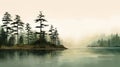 Serene Watercolor Landscape: Pine Trees Along A Lake