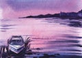 Serene watercolor landscape in purple shades. Romantic view of small wooden boat moored at pier of calm lake with reeds against Royalty Free Stock Photo