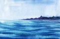 Serene watercolor marine landscape. Deep blue sea with light waves, dark silhouette of rocky coast and gentle blue cloudless sky.