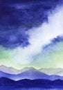 Serene watercolor mountain landscape in blue shades. High sky with big fluffy clouds above layers of vague mountain Royalty Free Stock Photo