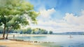 Serene Summer Day: Delicate Watercolor Beach Painting With Park, Lake, Field, And River