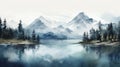 Serene Watercolor Wallpaper: Mountains, Lake, And Misty Atmosphere Royalty Free Stock Photo
