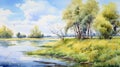 Serene Watercolor Painting Of Dnieper River Atoll With Trees