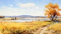 Serene Watercolor Painting Of Dnieper River Foothills And Willow Trees