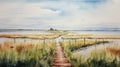 Serene Watercolor Painting Of A Dutch Marine Scene On A Wooden Boardwalk