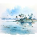 Serene Watercolor Painting: Palm Trees By The Lake