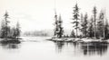 Serene Watercolor Painting Of Pine Trees Along Water In Black And White Royalty Free Stock Photo