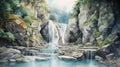 Serene Watercolor Painting Of A Tumbling Waterfall In Masamune Shirow Style