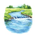 Serene Watercolor River Landscape with Green Meadow Royalty Free Stock Photo