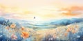 Serene Watercolor Sunrise over Flower Meadow with Fluttering Butterfly - Generative AI