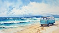 Serene Watercolor Vw Bus In Sunny Beach