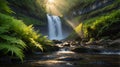 Serene Waterfall Flowing Through Lush Green Forest With Sunlight Shining Through Royalty Free Stock Photo