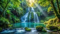 Serene waterfall cascading through lush, moss-covered rocks in a verdant forest. Generative AI Royalty Free Stock Photo