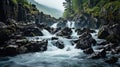 Serene Waterfall Cascading Over Rocks in Forest GenerativeAI