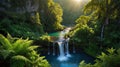 Lush Green Paradise: A Serene Waterfall Flowing into a Crystal Clear Pool Royalty Free Stock Photo