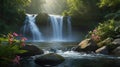 Majestic Waterfall Scenery with Lush Greenery and Pink Flowers in a Tropical Paradise Royalty Free Stock Photo