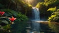 Tropical Paradise: Waterfall Scene with Hibiscus Flowers and Lush Greenery in the Jungle Royalty Free Stock Photo