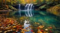 Autumn Scenery at the Waterfall with Colorful Leaves and Turquoise Lake Royalty Free Stock Photo