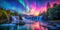 Serene waterfall cascading under a vibrant aurora borealis display at twilight. Generative AI Royalty Free Stock Photo