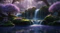 Mystical Waterfall in Enchanted Forest with Blooming Lavender Trees and Sunbeams Royalty Free Stock Photo