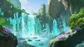 A serene waterfall flowing over radiant crystals,ethereal floating islands, magical. Generative Ai Royalty Free Stock Photo