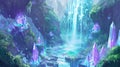 A serene waterfall flowing over radiant crystals,ethereal floating islands, magical. Generative Ai Royalty Free Stock Photo